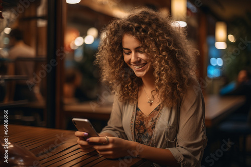 Beautiful woman as she smiles while gazing at her mobile phone, reflecting the joy of modern connectivity and communication. Ai generated