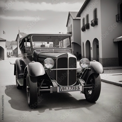 there is a old car that is parked on the street