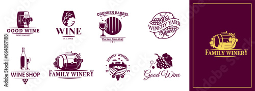 Vineyard logo. Family winery. Wine shop red icon. Silhouette circle emblem. Rural scenery with barn and wooden barrel. Alcohol glass. Grape bunch. Landscape for restaurant design. Vector symbols set