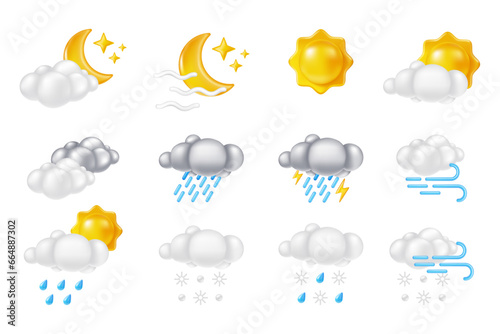 3D weather element. Meteorology symbol. Cloud with snow and rain. Sun or moon. Summer overcast. Wind or storm. Winter rainy season. Sky precipitation. Render cumulus. Vector cartoon forecast icons set