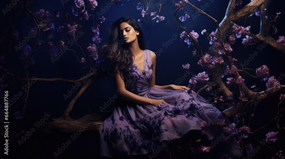beautiful young woman model setting in purple dress.