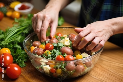hand adding cherry tomatoes to a homemade potato salad