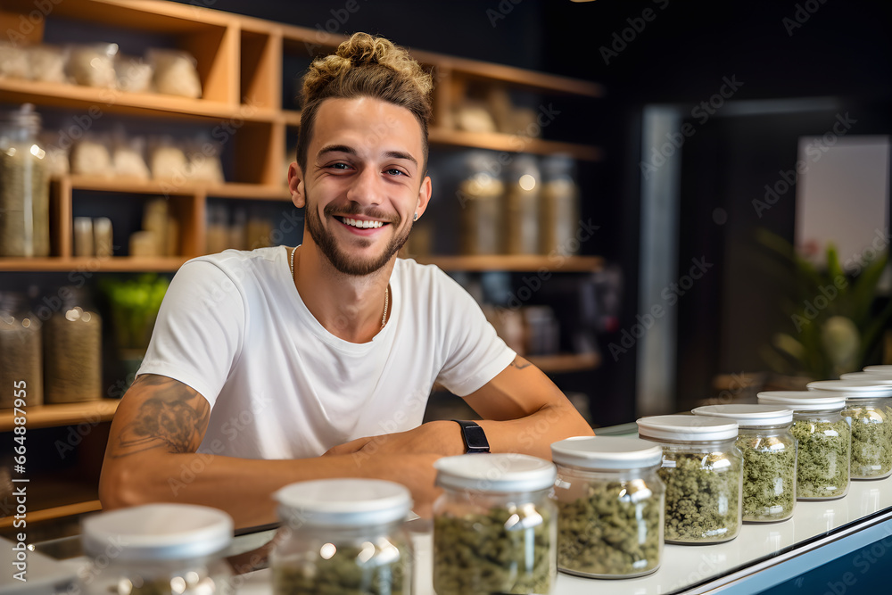 White caucasian  stylish man working at herb dispensary. Employee of cannabis store. - obrazy, fototapety, plakaty 