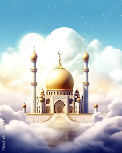 an illustration of a magnificent mosque with clouds surrounding it. Generative AI