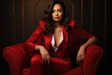 beautiful young woman model setting on armchair in red suit.
