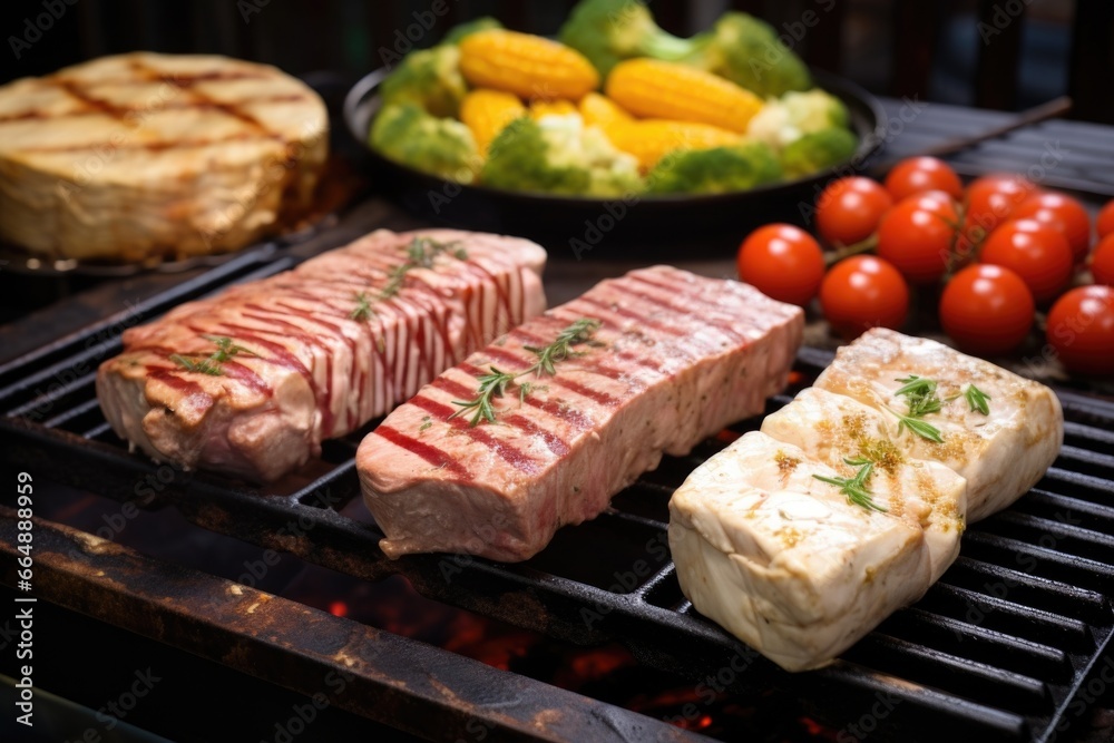 tofu steak surrounded by meat steaks on a grill