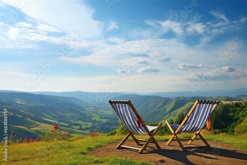 scenic view from mountain top with two deckchairs