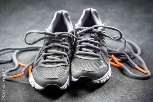 close-up of running shoe laces untied on a grey floor