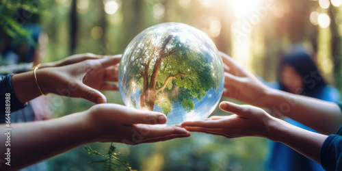 Human hands holding glass earth in green forest with sunlight. Environment, save the World, earth day, ecology, and Conservation Concept.