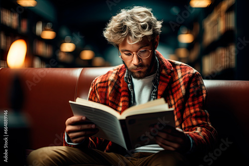 Young man in checkered jacket reading book in bright minimalistic librarian interior
