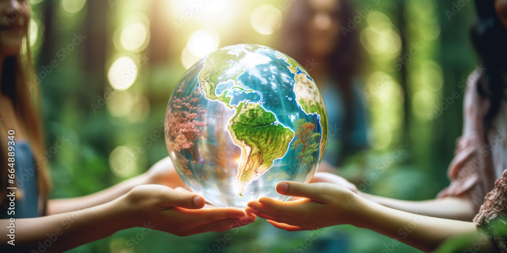Human hands holding glass earth in green forest with sunlight ...