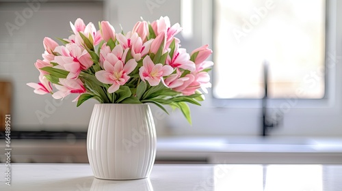 A white vase full of pink flowers is sitting on counter. © Md