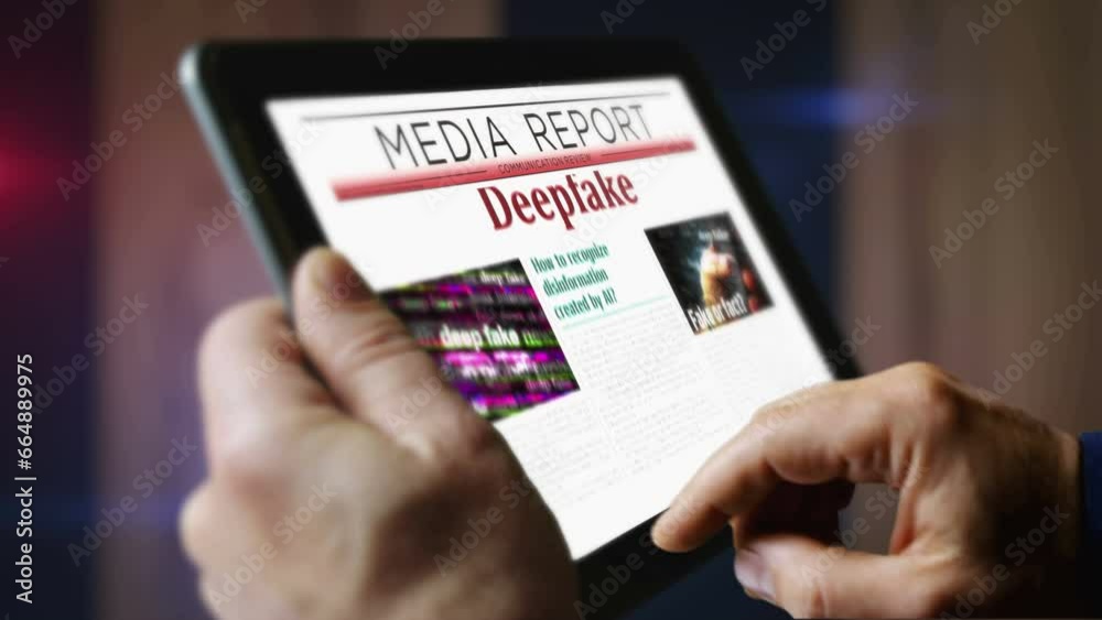 Deepfake AI disinformation fake news and misinformation daily newspaper reading on mobile tablet computer screen. Man touch screen with headlines news abstract concept 3d. Deepfake AI disinformation fake news and misinformation daily newspaper reading on mobile tablet computer screen. Man touch screen with headlines news abstract concept 3d.