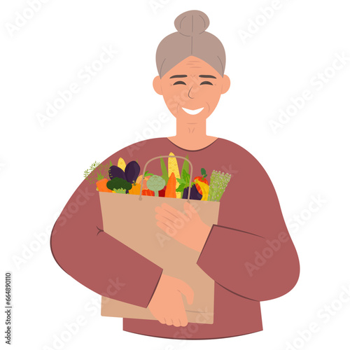 Elderly people satisfied, happy woman holding paper bag with food, isolated on plain white background. Delivery service from the store