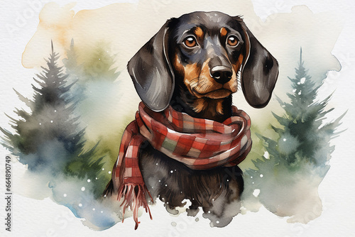 Christmas theme watercolour illustration of a cute black and brown dachshund wearing a tartan scarf in the snow, great for social media and greeting cards