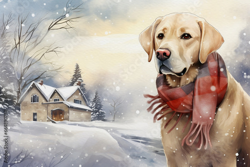 Christmas theme watercolour illustration of a golden Labrador wearing a tartan scarf, sitting outdoors in the snow, in front of a house, great for social media and greeting cards photo