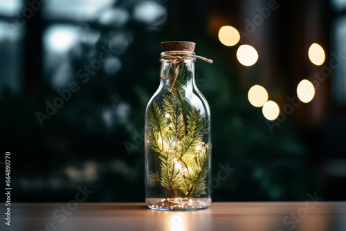 Illuminated pine branches inside a glass bottle with bokeh lights in a serene indoor setting