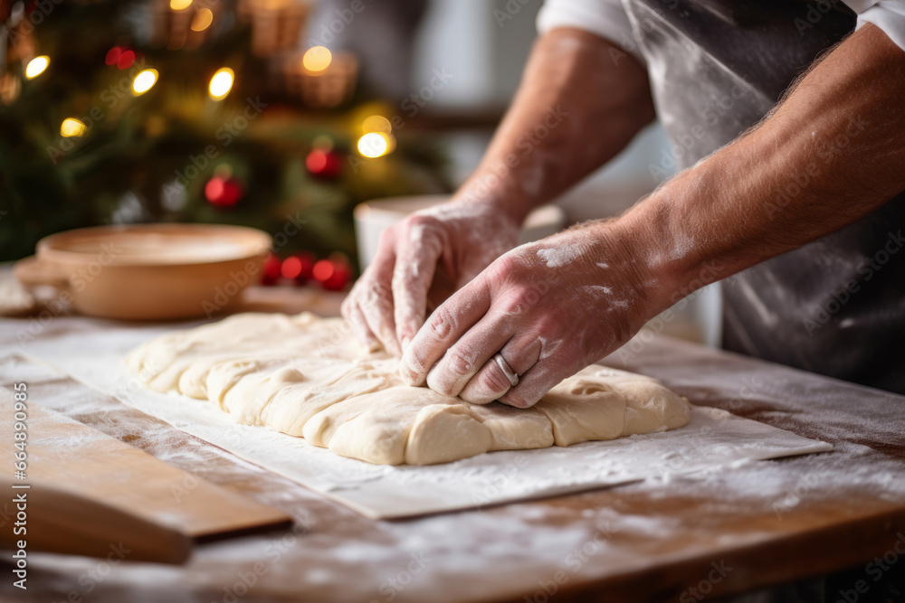 Hands kneading fresh dough on a festive table with Christmas lights and decorations in the background Hands kneading fresh dough on a festive table with Christmas lights and decorations in the background