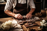 Artisan chocolatier crafting dark chocolate blocks in a rustic workshop with delicate flowers nearby