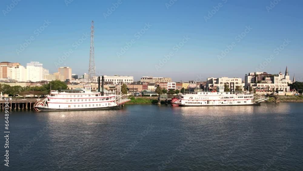A drone flies over anchored steamboats along New Orleans' Mississippi River shoreline A drone flies over anchored steamboats along New Orleans' Mississippi River shoreline