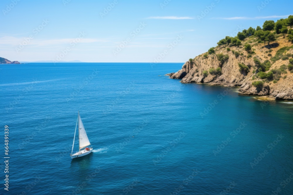 sailing boat approaching a coastline