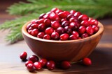 wooden bowl of cranberries in natural light
