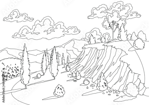 Summer landscape with hills, sky, meadow and mountains in coloring style. Cartoon countryside vector wallpaper in minimal style design