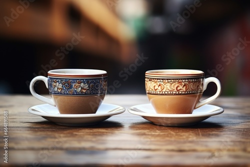 close-up of two coffee cups on a table