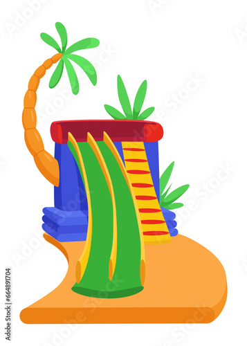 Inflatable bouncy slide icon. Bright and fun playground for childhood activity in the park. Summer amusement activity space. Equipment for kids, vector illustration