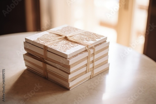 stacked wedding invitations with beige and white tones