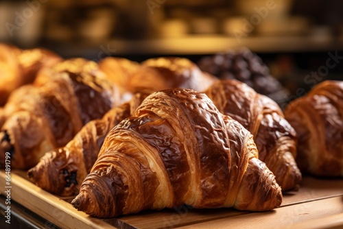 Chocolate croissants in bakery. © Md
