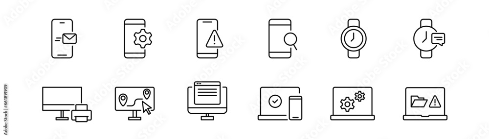 Device icon set. Smartphone and laptop line icon. Device line icon. Mobile and computer illustration. Editable stroke. Stock vector illustration. Device icon set. Smartphone and laptop line icon. Device line icon. Mobile and computer illustration. Editable stroke. Stock vector illustration.