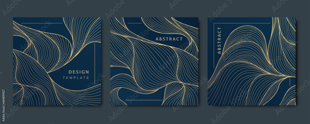 Vector set of luxury fancy golden patterns, linear style wavy cards. Art deco flow banners, wave post templates for social net, tags, covers - obrazy, fototapety, plakaty 