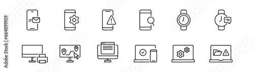 Device icon set. Smartphone and laptop line icon. Device line icon. Mobile and computer illustration. Editable stroke. Stock vector illustration.