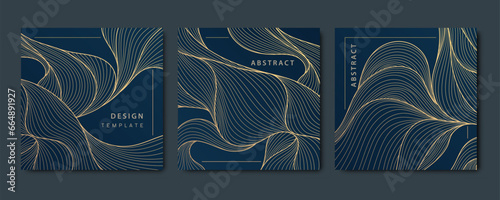 Vector set of luxury fancy golden patterns, linear style wavy cards. Art deco flow banners, wave post templates for social net, tags, covers