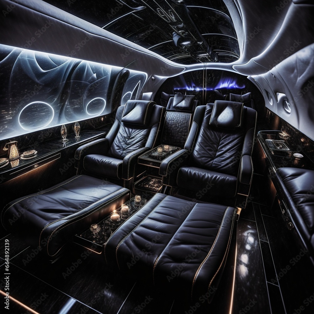 arafed view of a luxury jet with leather seats and a table