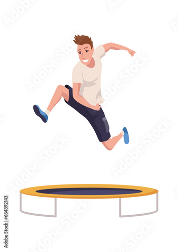 Kids jumping on trampoline icon. Child activities design element. Indoor or outdoor fun, fitness jumping. Equipment acrobatic and gymnastic exercises. Vector illustration