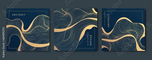 Vector set of luxury fancy golden patterns, linear style wavy cards. Art deco flow banners, wave post templates for social net, tags, covers