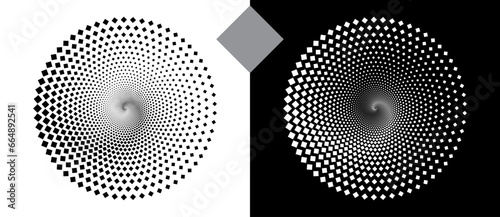 Abstract background with rhombuses in circle. Art design spiral as logo or icon. A black figure on a white background and an equally white figure on the black side.
