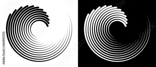 Abstract background with lines in circle. Art design spiral as logo or icon. A black figure on a white background and an equally white figure on the black side.