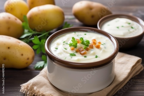 serving creamy potato soup in a small bowl