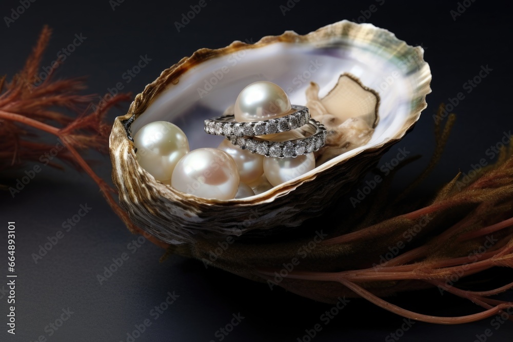 diamond-studded wedding rings in a pearl oyster shell with seaweed around it diamond-studded wedding rings in a pearl oyster shell with seaweed around it