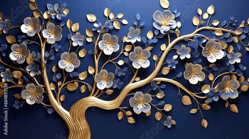 Elegant gold and royal blue floral tree with leaves and flowers hanging branches illustration background.