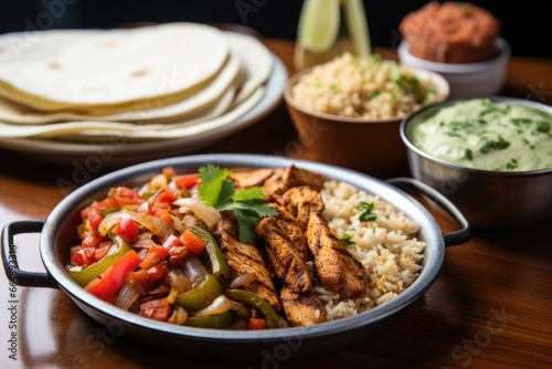 chicken fajitas served with a side of mexican rice