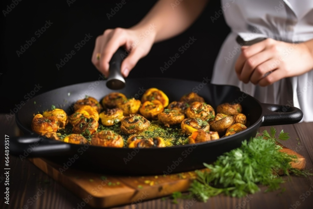 hand placing stuffed mushroom caps into a frying pan hand placing stuffed mushroom caps into a frying pan