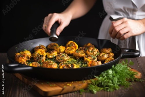 hand placing stuffed mushroom caps into a frying pan