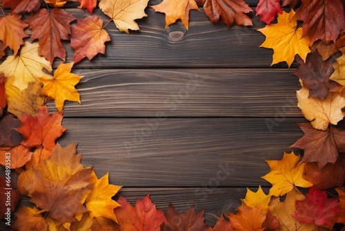 Autumn Leaves Circle on Wooden Background with Copy Space
