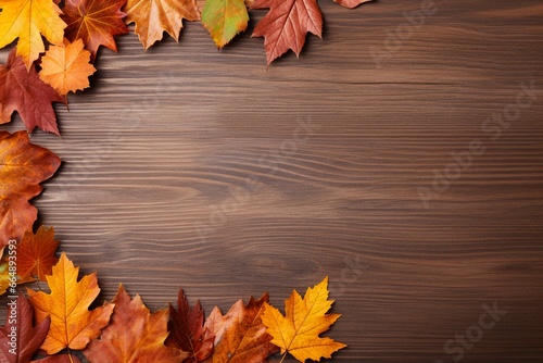 Autumn Leaves Circle on Wooden Background with Copy Space