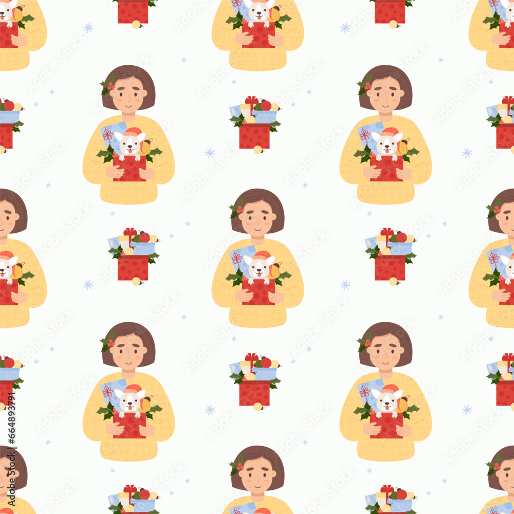 Christmas seamless pattern. Cute woman with funny dog New Year gifts and balls on white background. Vector illustration Christmas seamless pattern. Cute woman with funny dog New Year gifts and balls on white background. Vector illustration