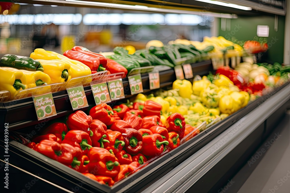 Fruits and vegetables on shop stand in supermarket grocery store.